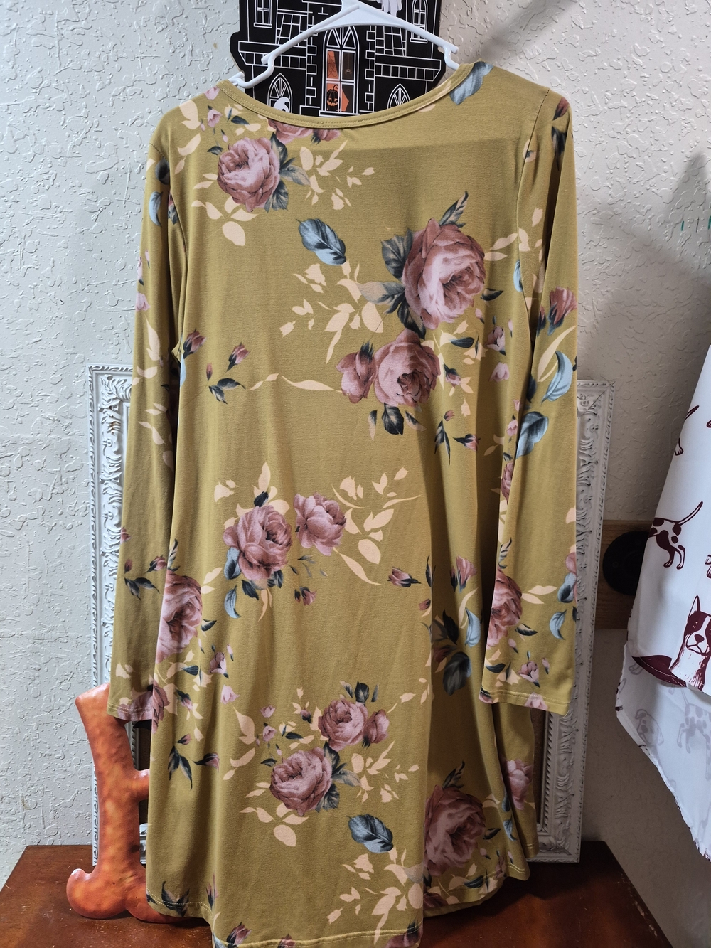 Floral Long-Sleeve Swing Dress - Olive with Pink Roses